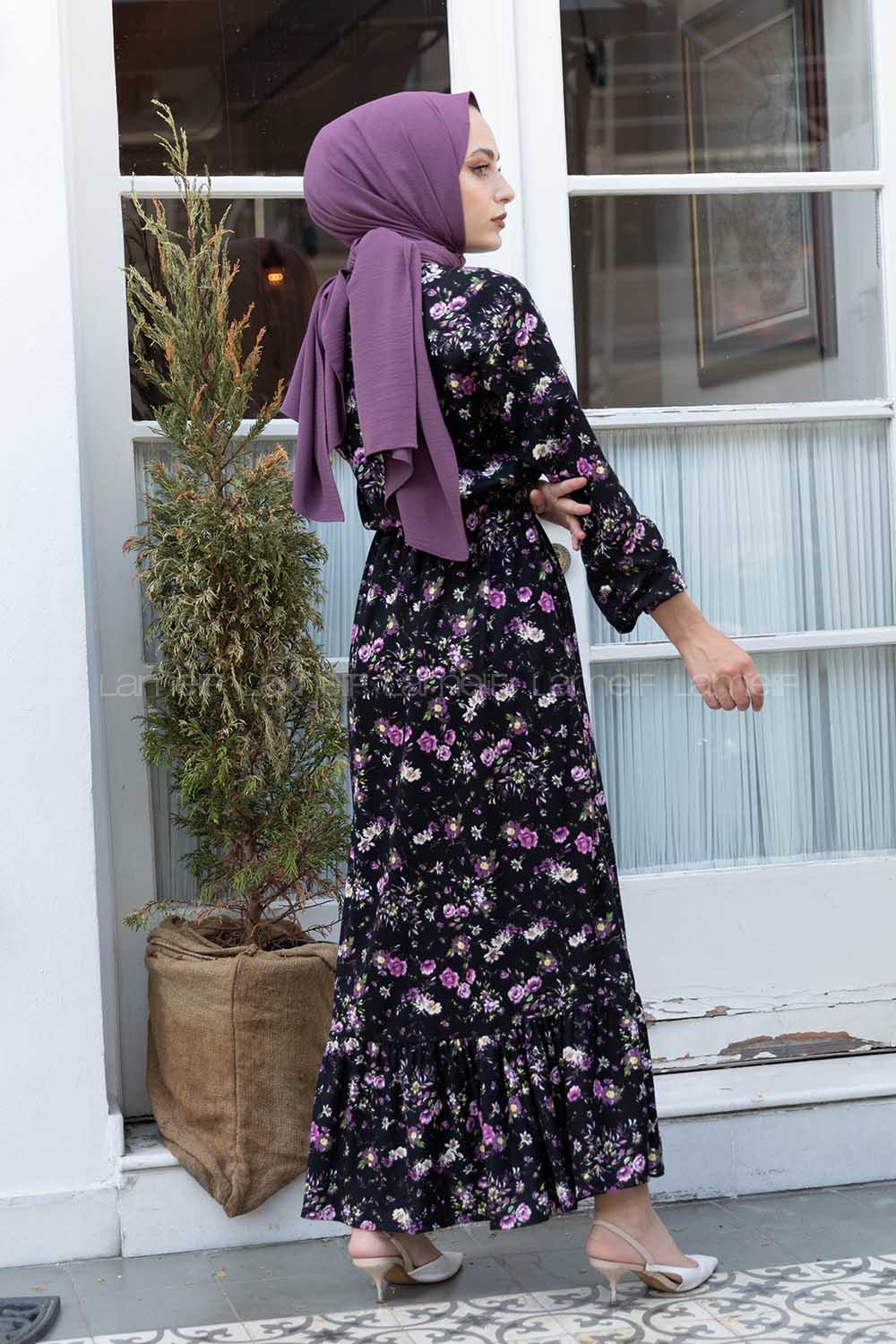 Modalamelif Bel Lastikli Gül Desen Elbise Siyah