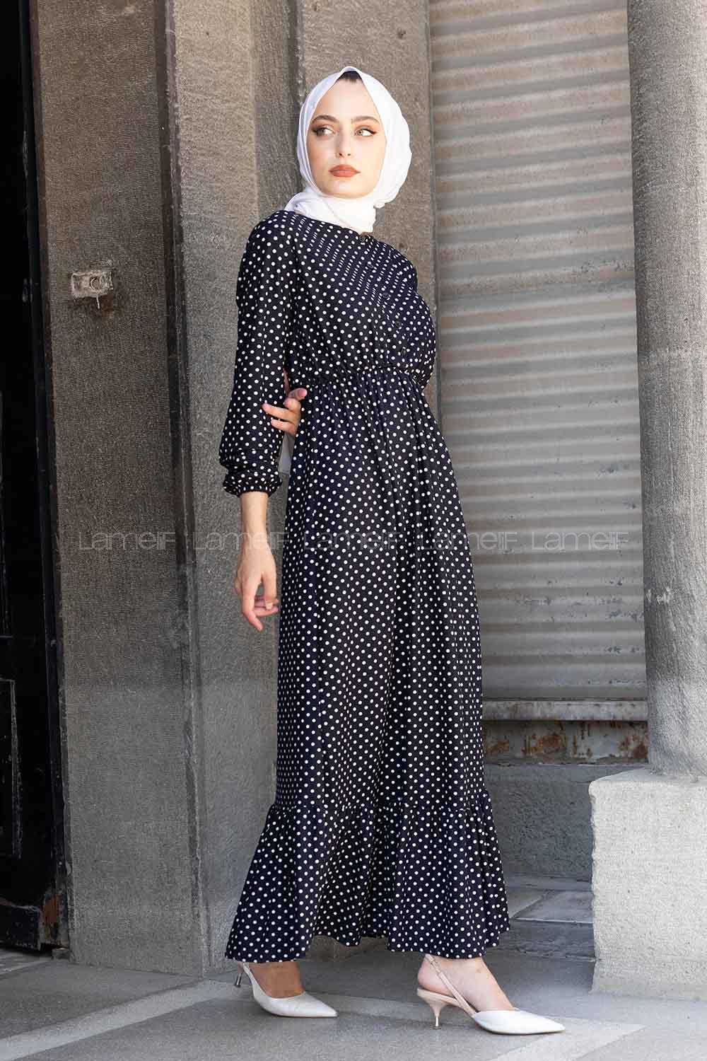 Modalamelif Bel Lastikli Puantiye Elbise Lacivert