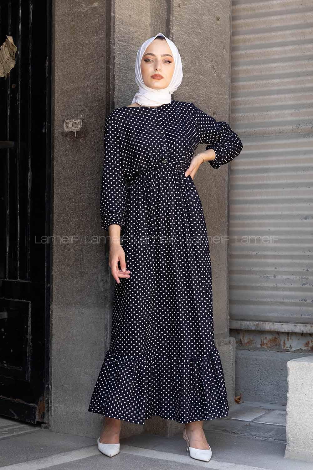 Modalamelif Bel Lastikli Puantiye Elbise Lacivert