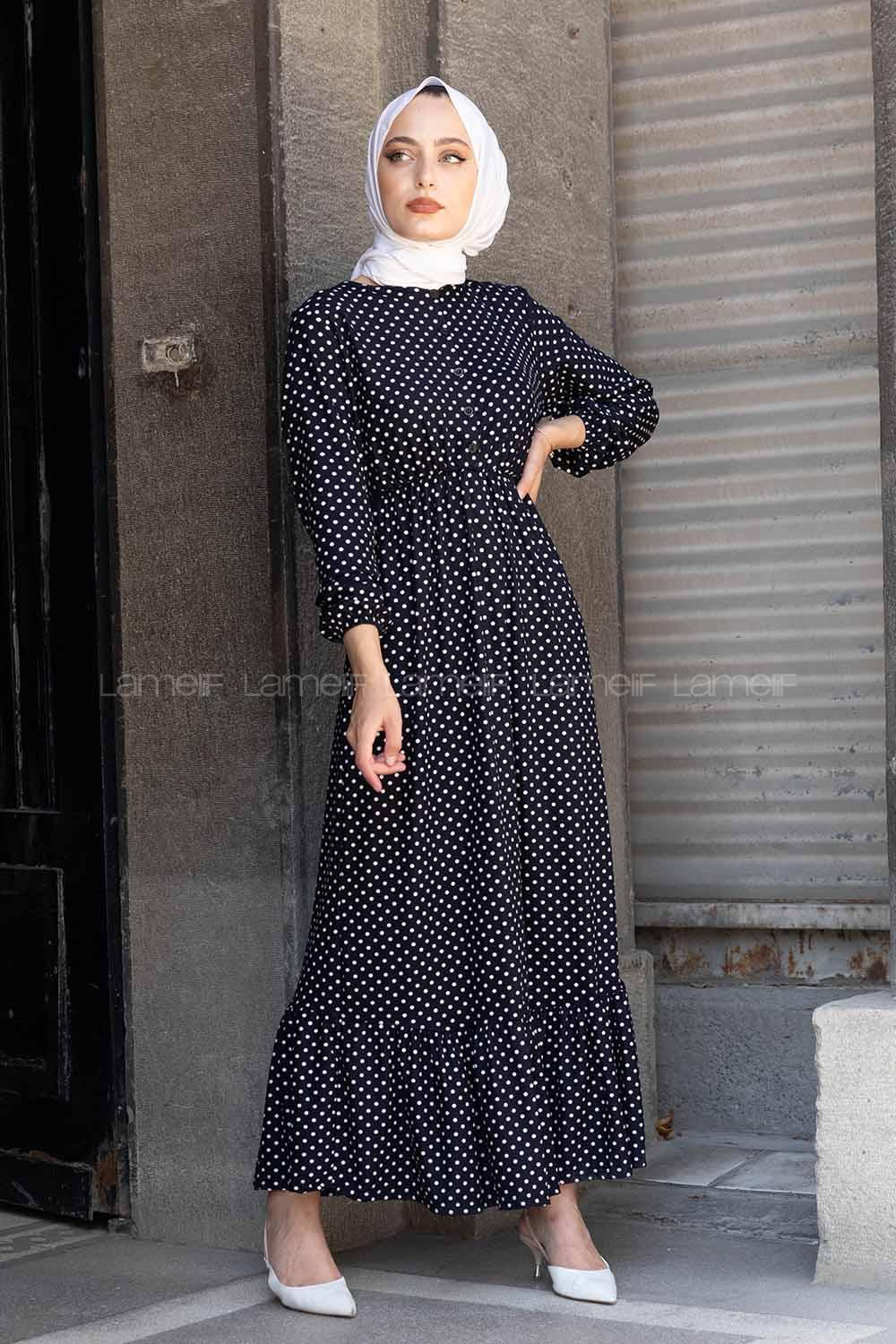 Modalamelif Bel Lastikli Puantiye Elbise Lacivert