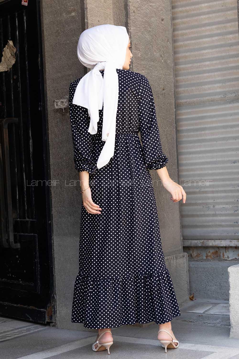 Modalamelif Bel Lastikli Puantiye Elbise Lacivert