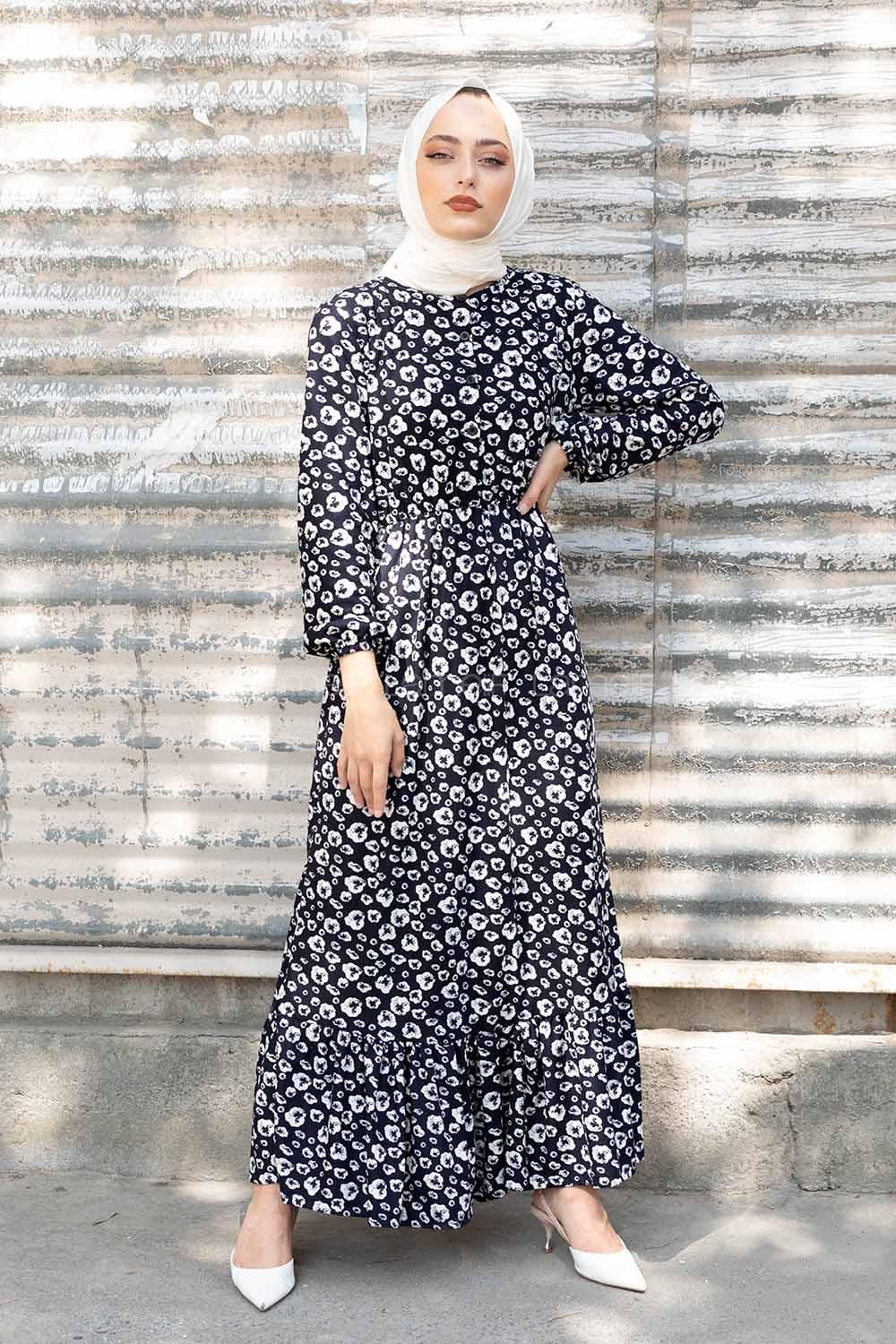 Modalamelif Bel Lastikli Soyut Desen Elbise Lacivert