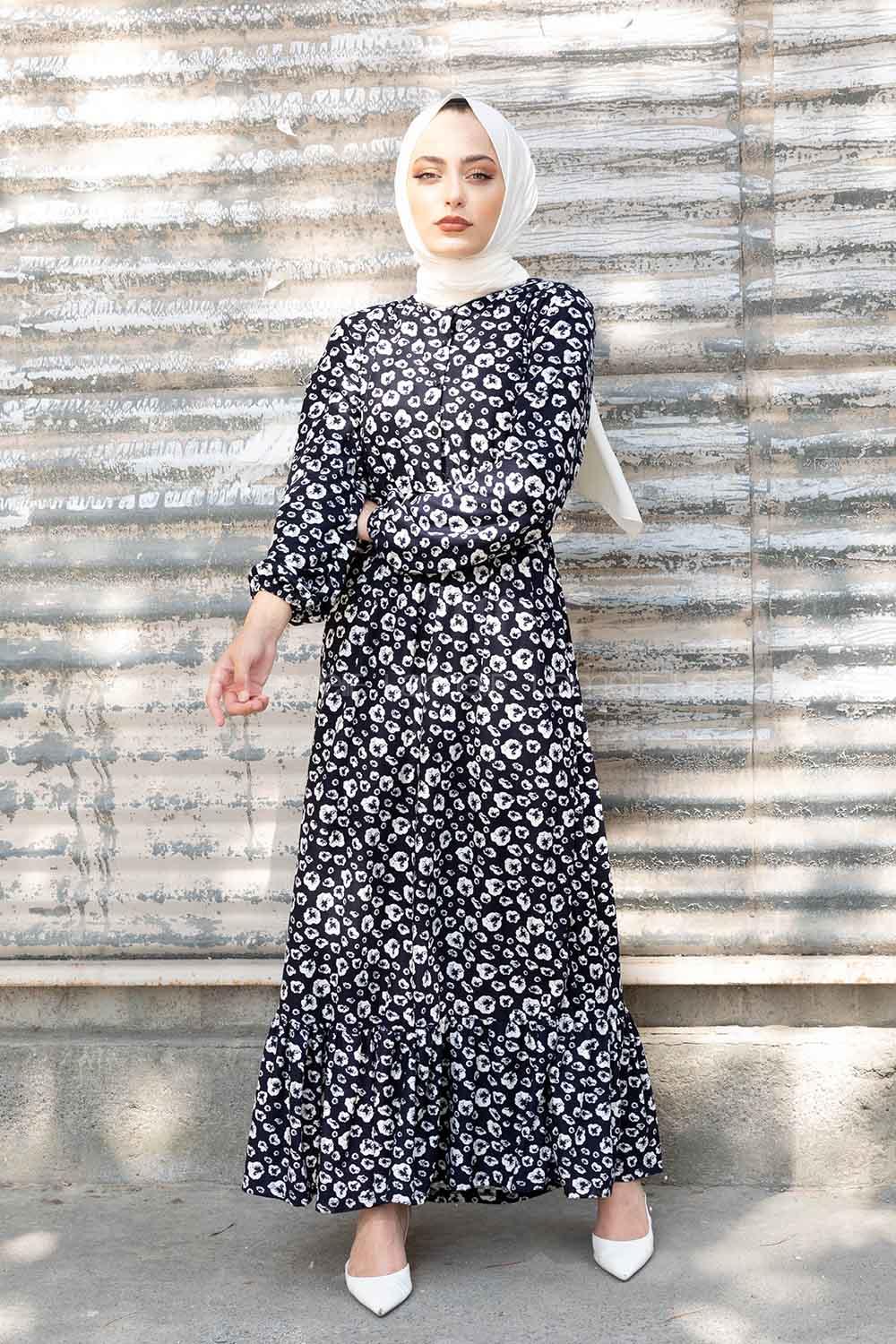 Modalamelif Bel Lastikli Soyut Desen Elbise Lacivert