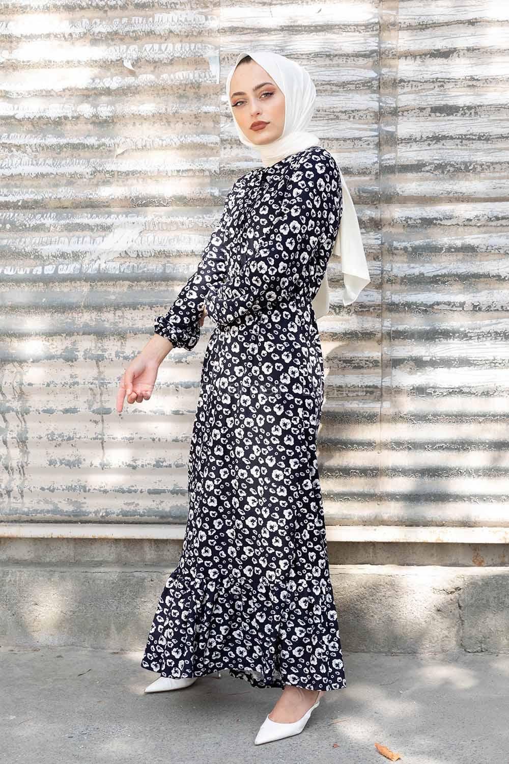 Modalamelif Bel Lastikli Soyut Desen Elbise Lacivert