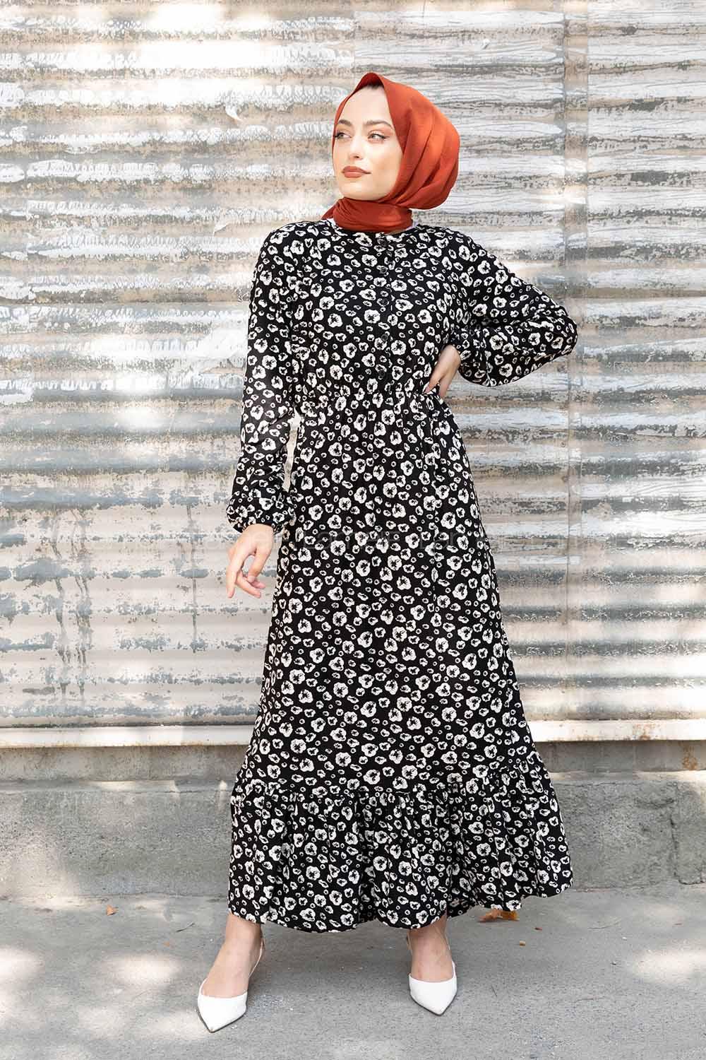 Modalamelif Bel Lastikli Soyut Desen Elbise Siyah