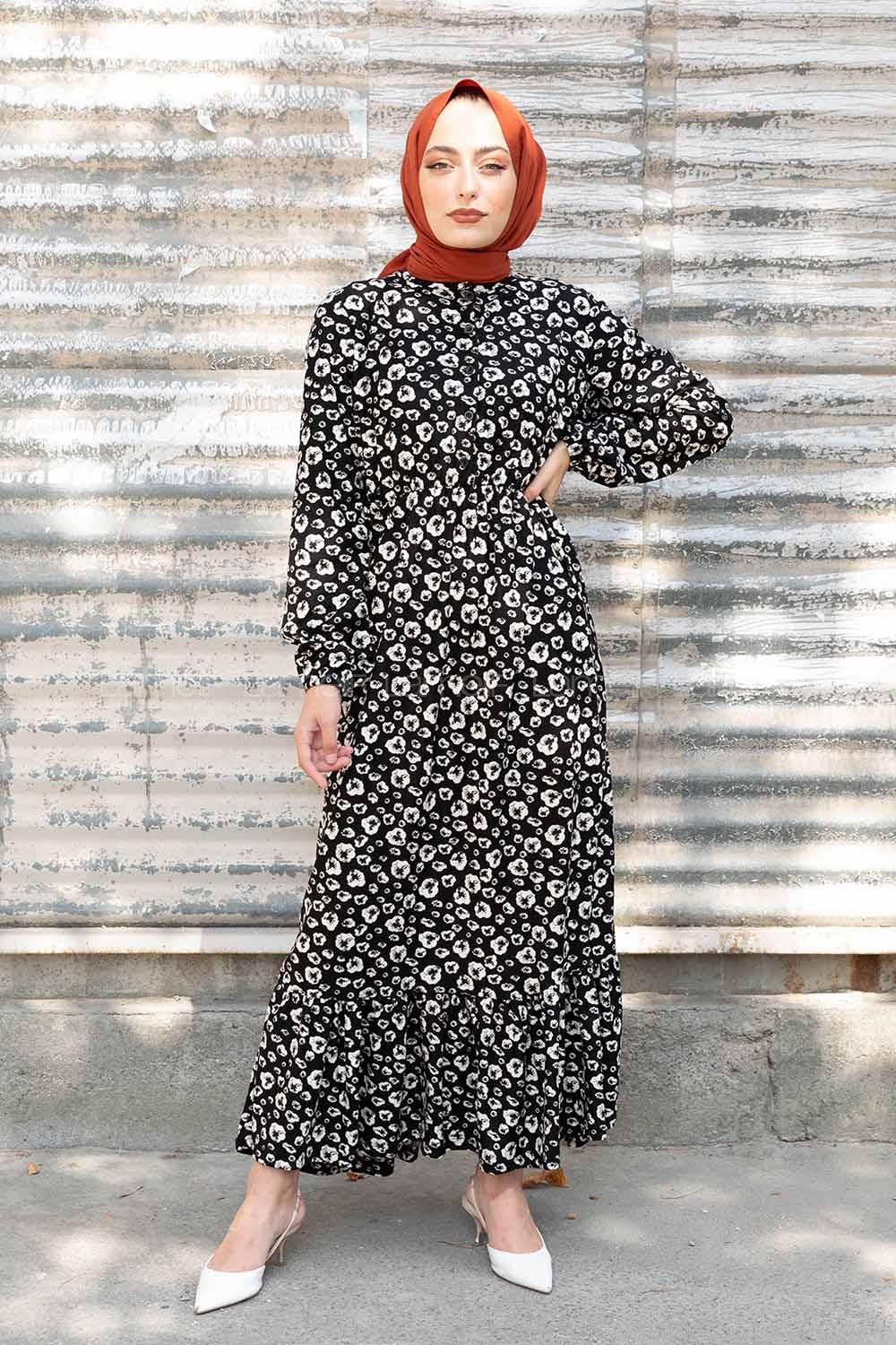 Modalamelif Bel Lastikli Soyut Desen Elbise Siyah