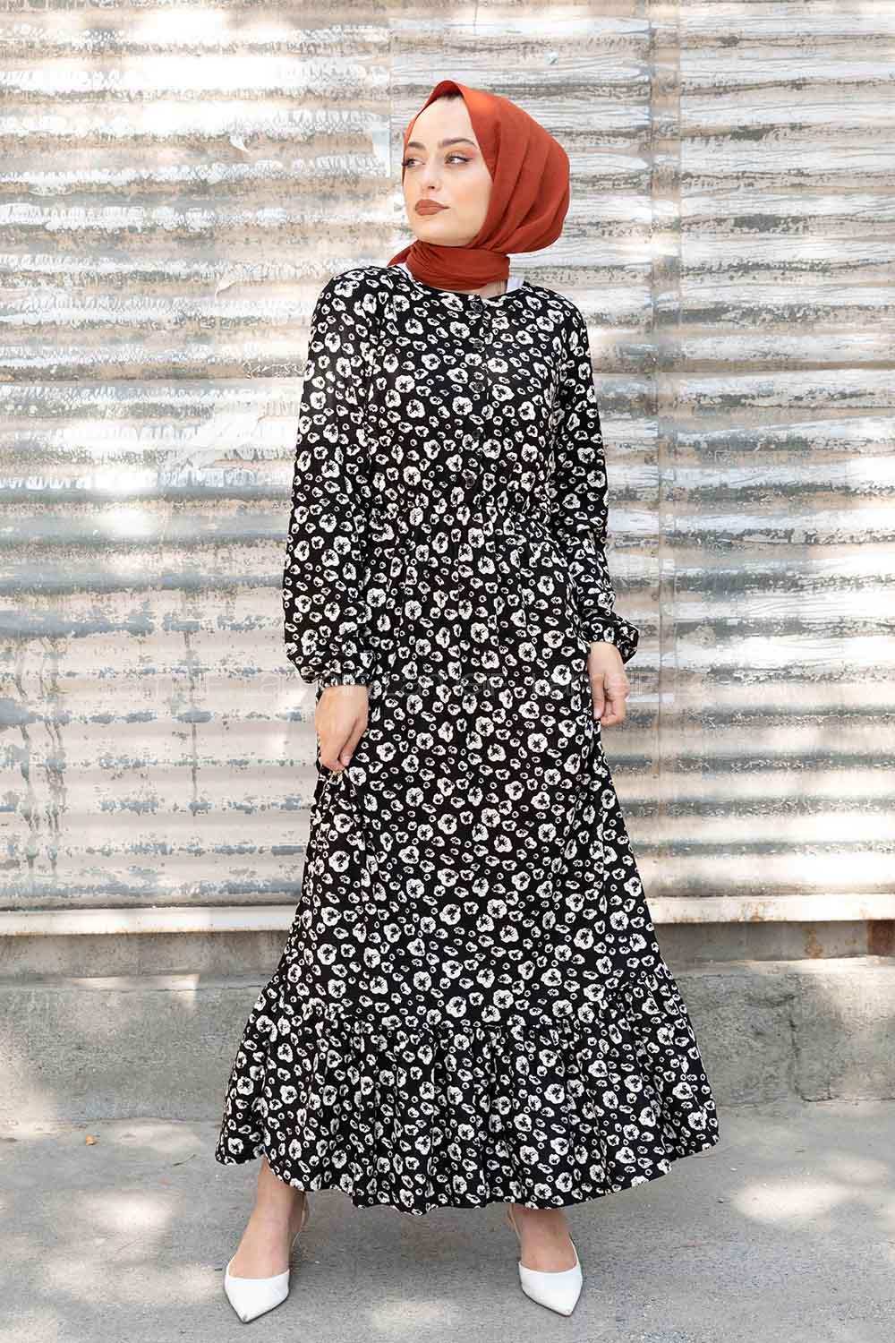 Modalamelif Bel Lastikli Soyut Desen Elbise Siyah