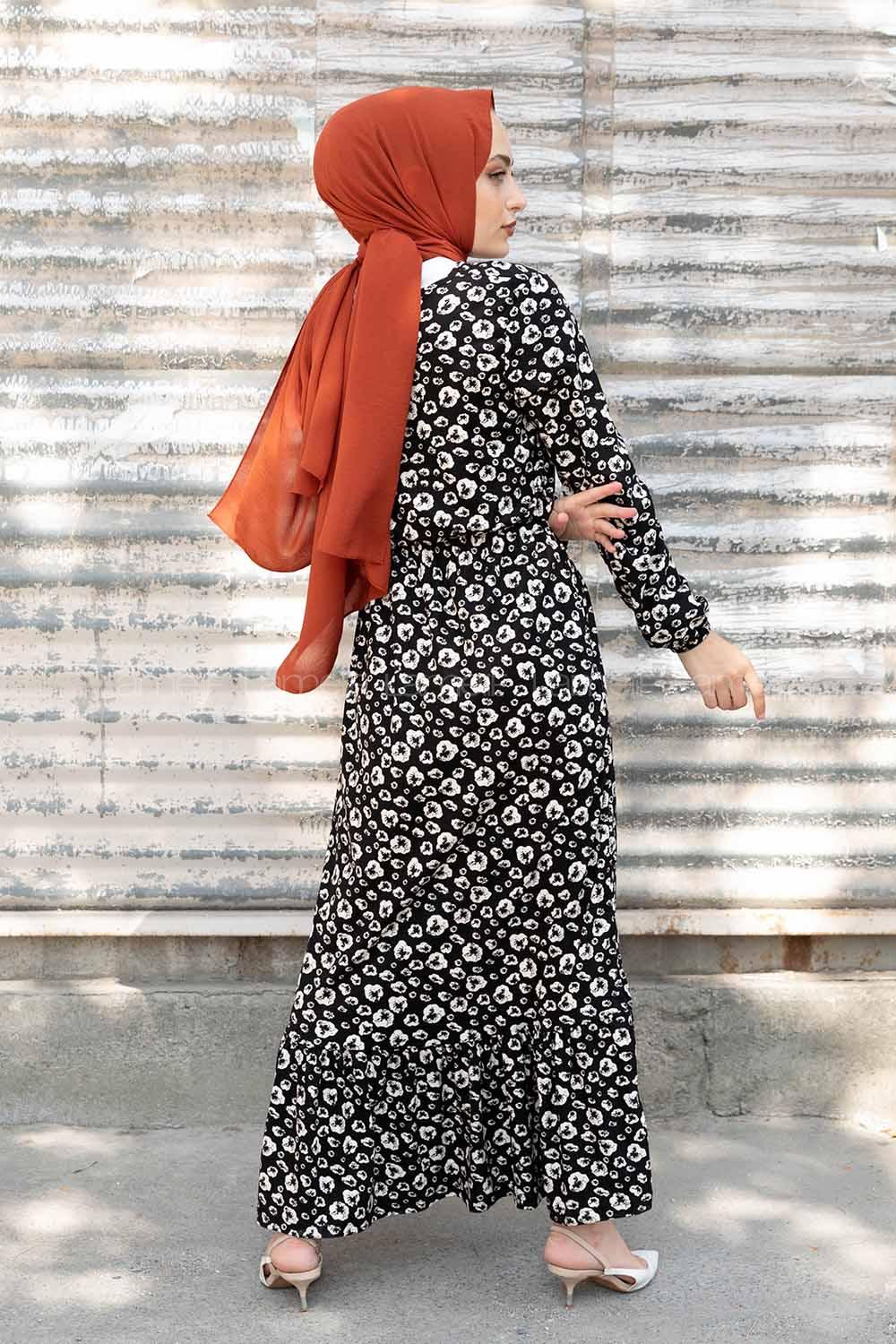 Modalamelif Bel Lastikli Soyut Desen Elbise Siyah