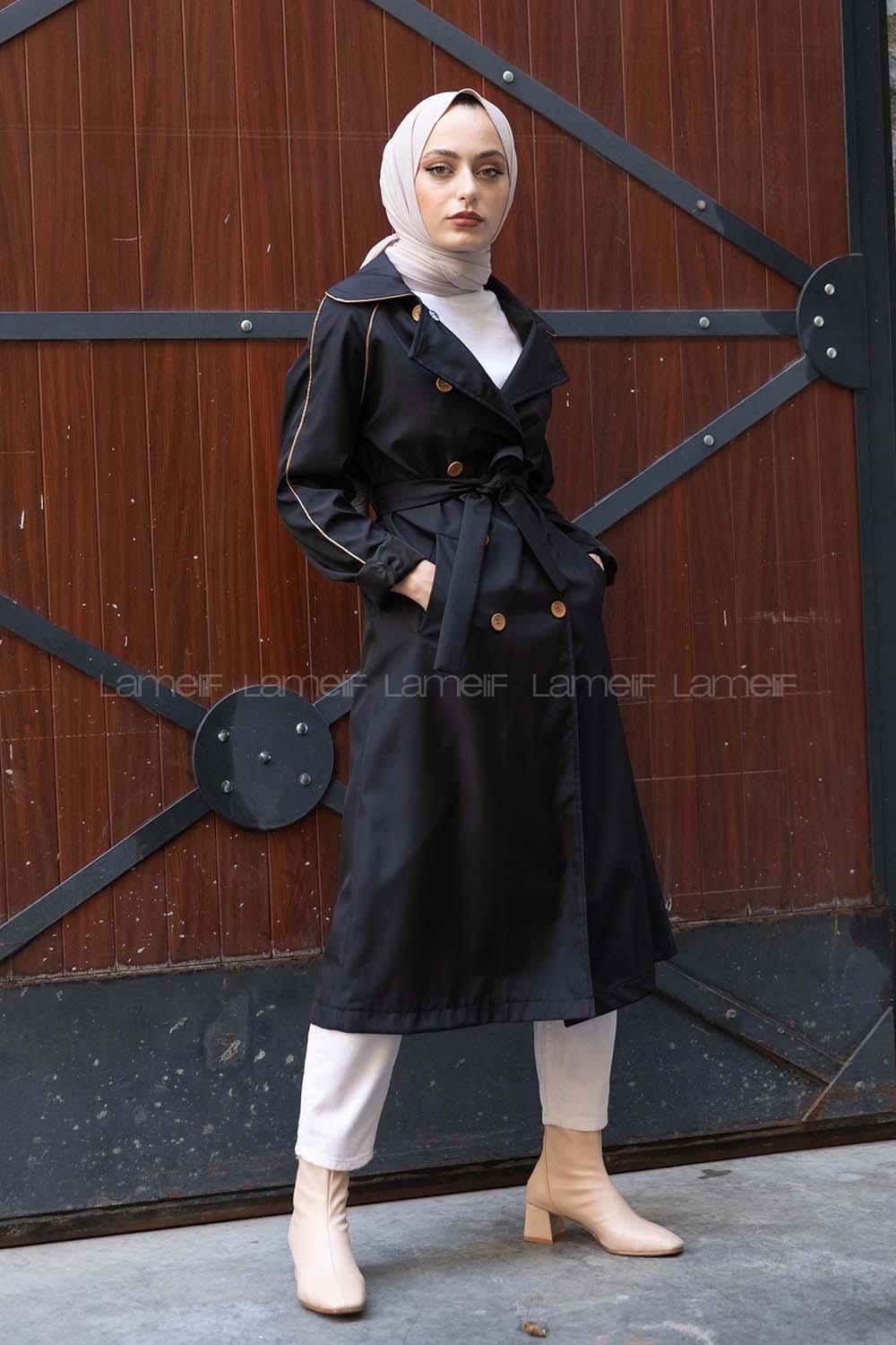 Modalamelif Belden Bağlamalı Biyeli Trenç Siyah