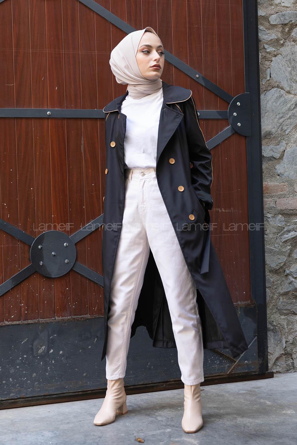 Modalamelif Belden Bağlamalı Biyeli Trenç Siyah