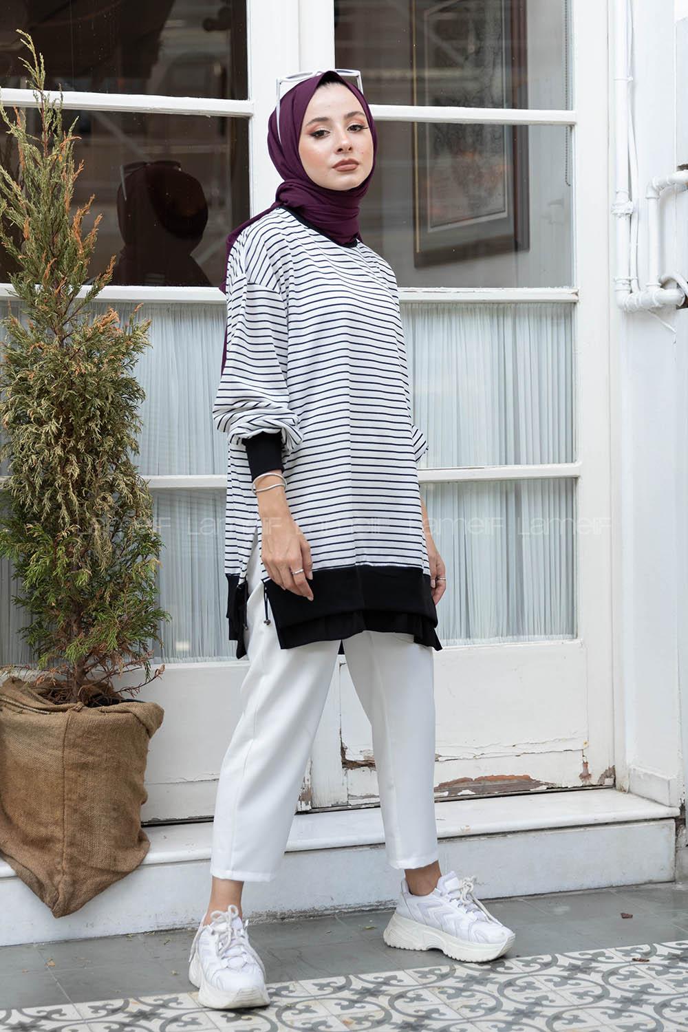 Modalamelif Çizgili Salaş Sweatshirt Beyaz