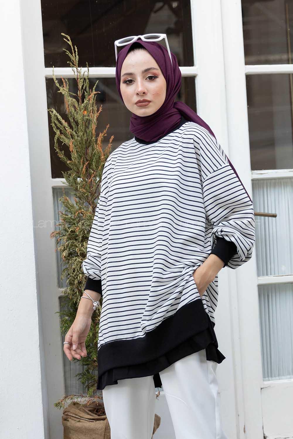 Modalamelif Çizgili Salaş Sweatshirt Beyaz