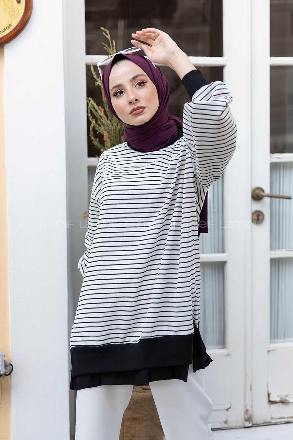 Modalamelif Çizgili Salaş Sweatshirt Beyaz