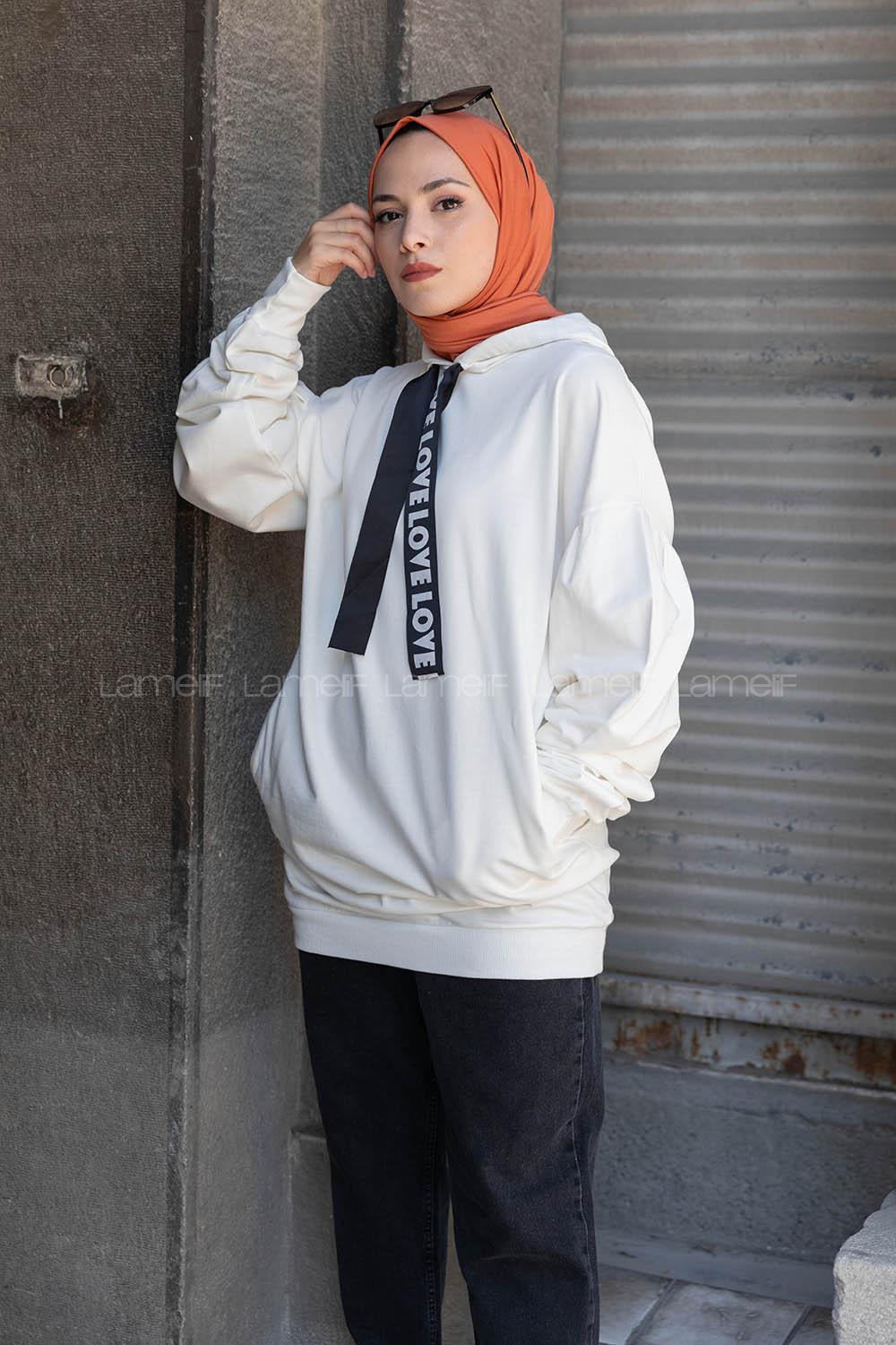 Modalamelif Kapşonlu Love Sweatshirt Beyaz