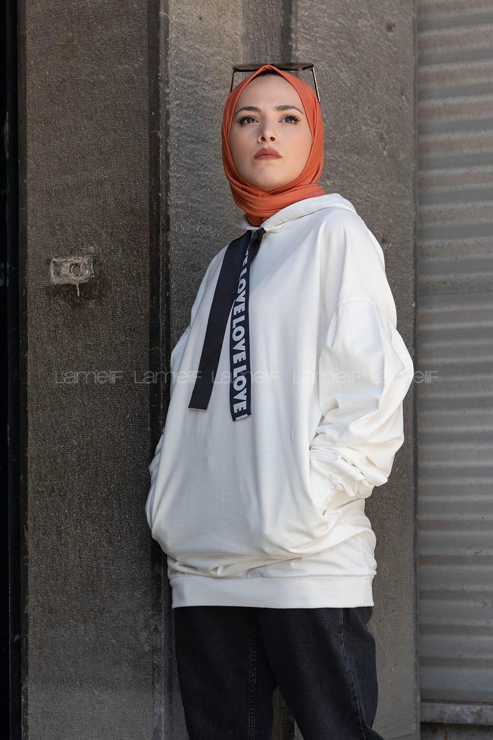 Modalamelif Kapşonlu Love Sweatshirt Beyaz