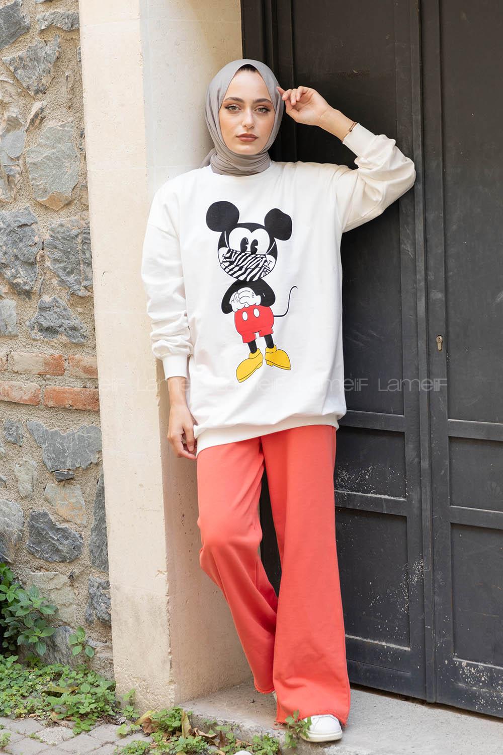 Modalamelif Karikatür Maskeli Sweatshirt Beyaz