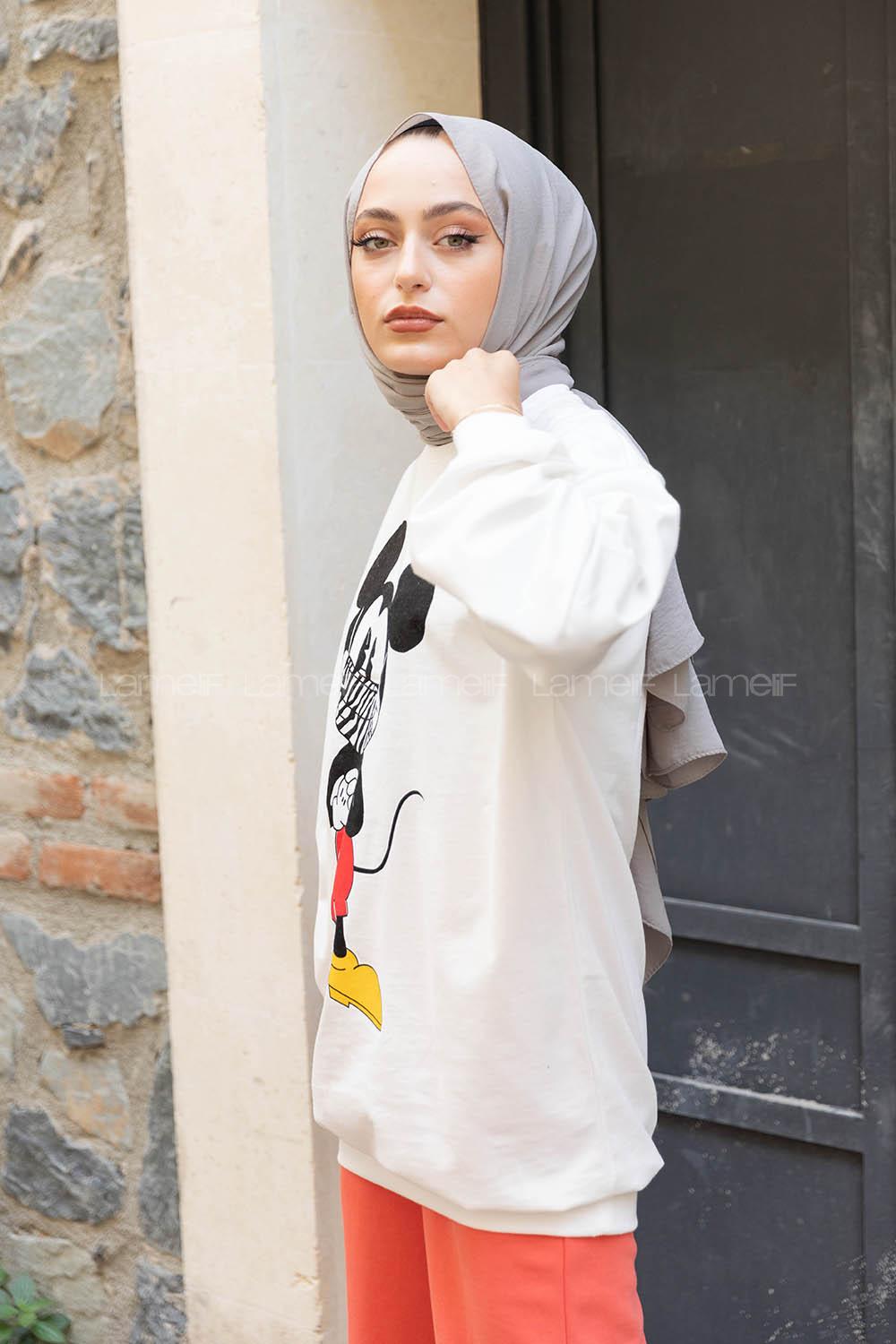 Modalamelif Karikatür Maskeli Sweatshirt Beyaz