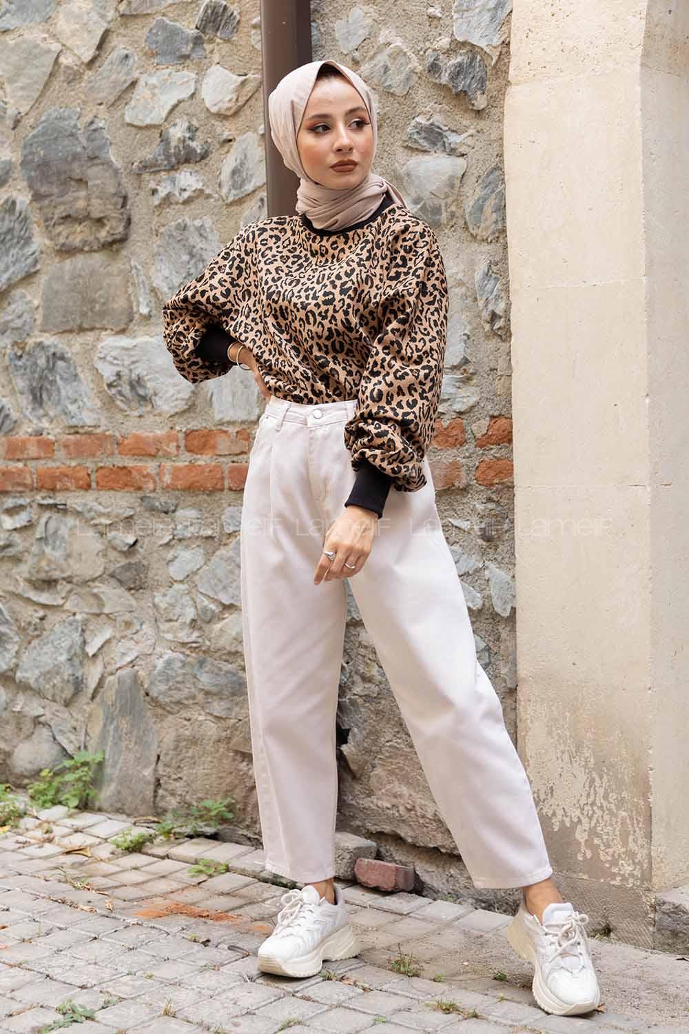 Modalamelif Leopar Desen Salaş Sweatshirt Siyah