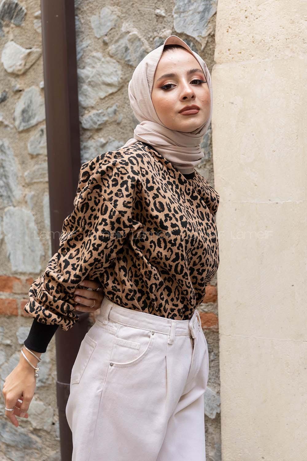 Modalamelif Leopar Desen Salaş Sweatshirt Siyah