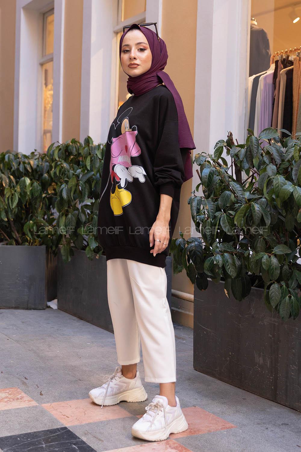 Modalamelif Mınnie Karikatür Baskılı Sweatshirt Siyah