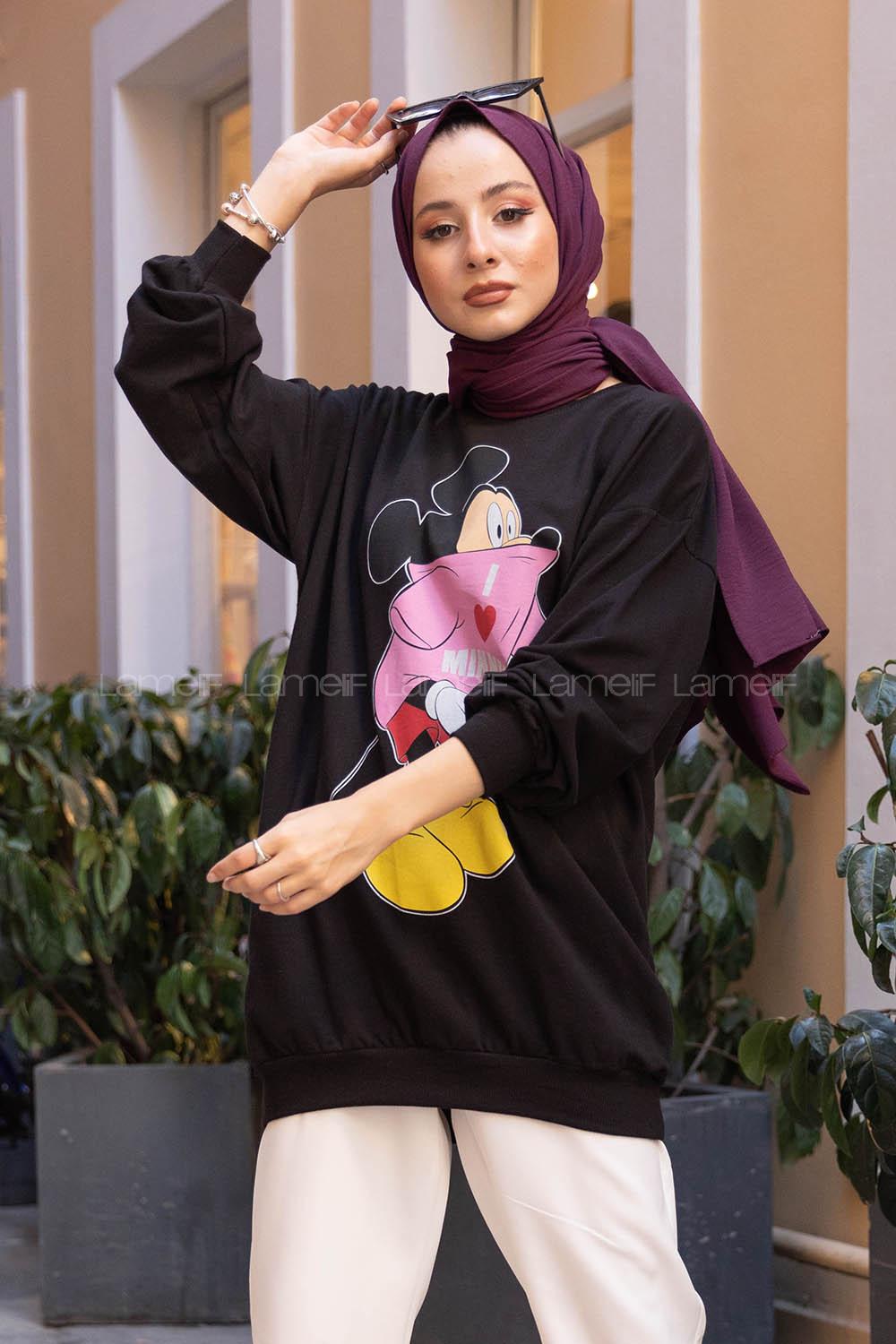 Modalamelif Mınnie Karikatür Baskılı Sweatshirt Siyah