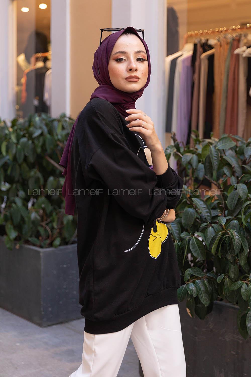 Modalamelif Mınnie Karikatür Baskılı Sweatshirt Siyah