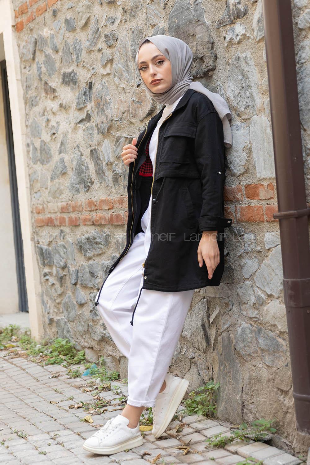 Modalamelif Önü Gizli Fermuarlı Yan Cepli Ceket Siyah