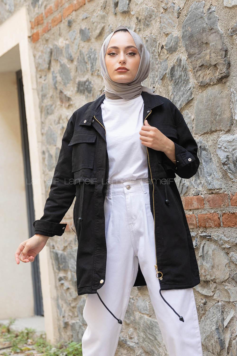 Modalamelif Önü Gizli Fermuarlı Yan Cepli Ceket Siyah