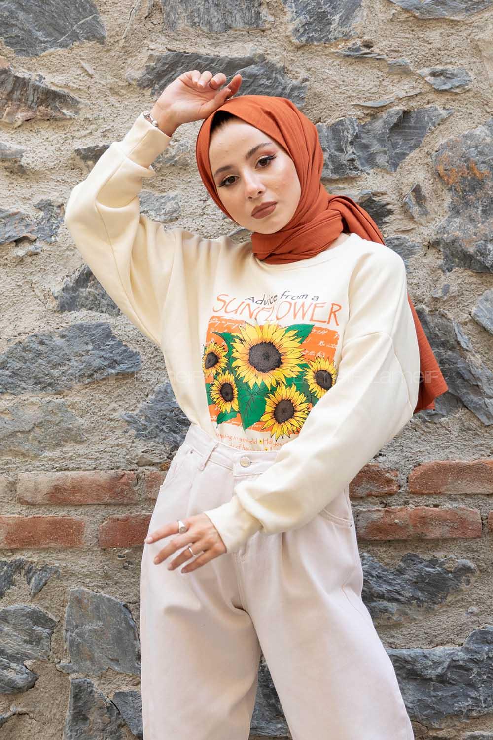 Modalamelif Sunflower Baskılı Sweatshirt Krem