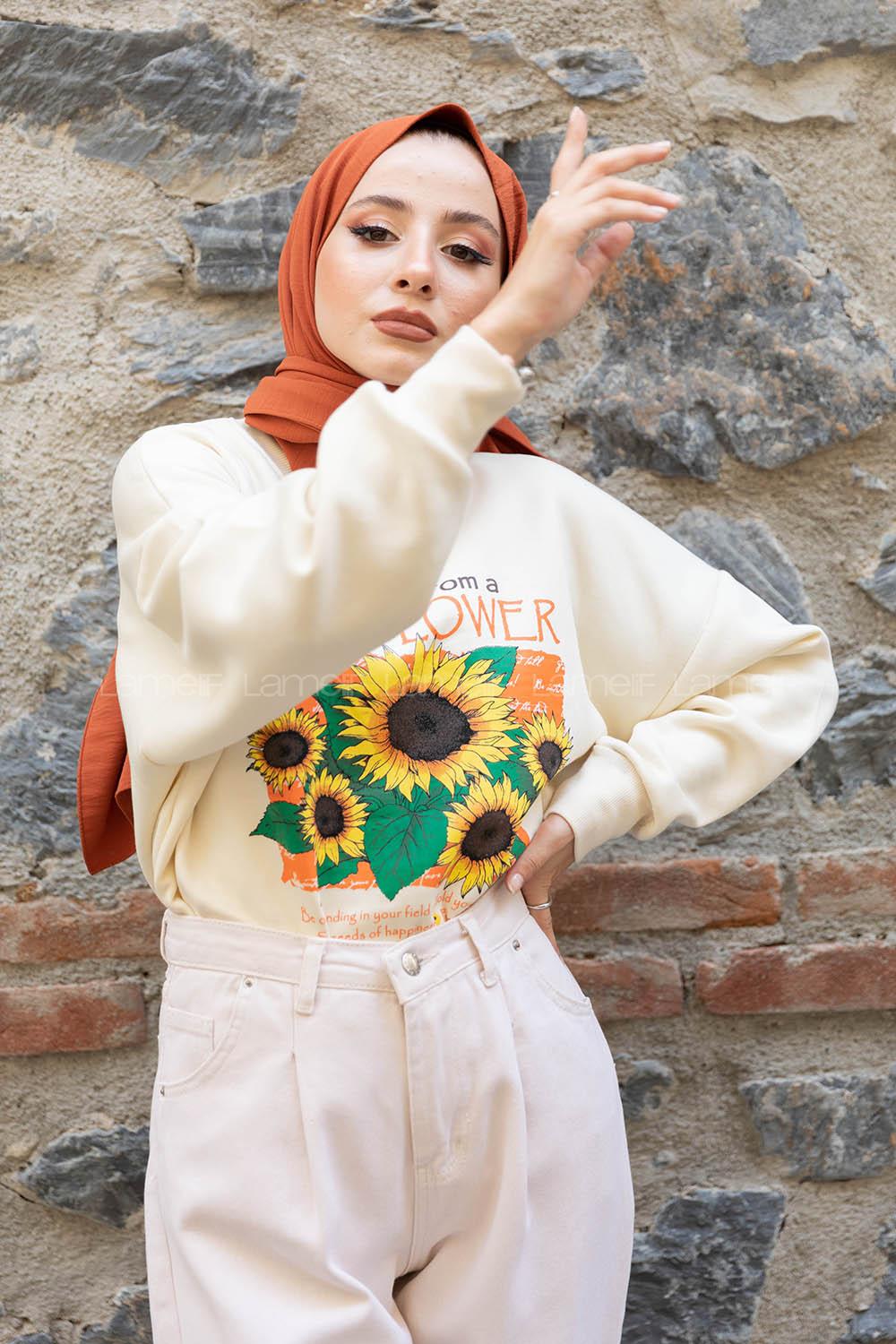 Modalamelif Sunflower Baskılı Sweatshirt Krem