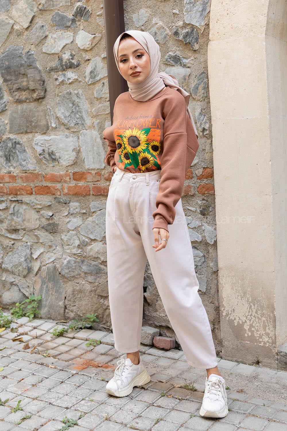 Modalamelif Sunflower Baskılı Sweatshirt Sütlü Kahve