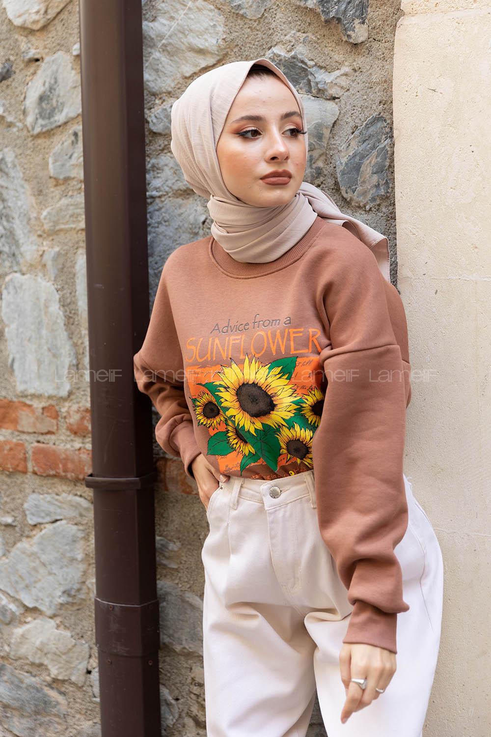 Modalamelif Sunflower Baskılı Sweatshirt Sütlü Kahve