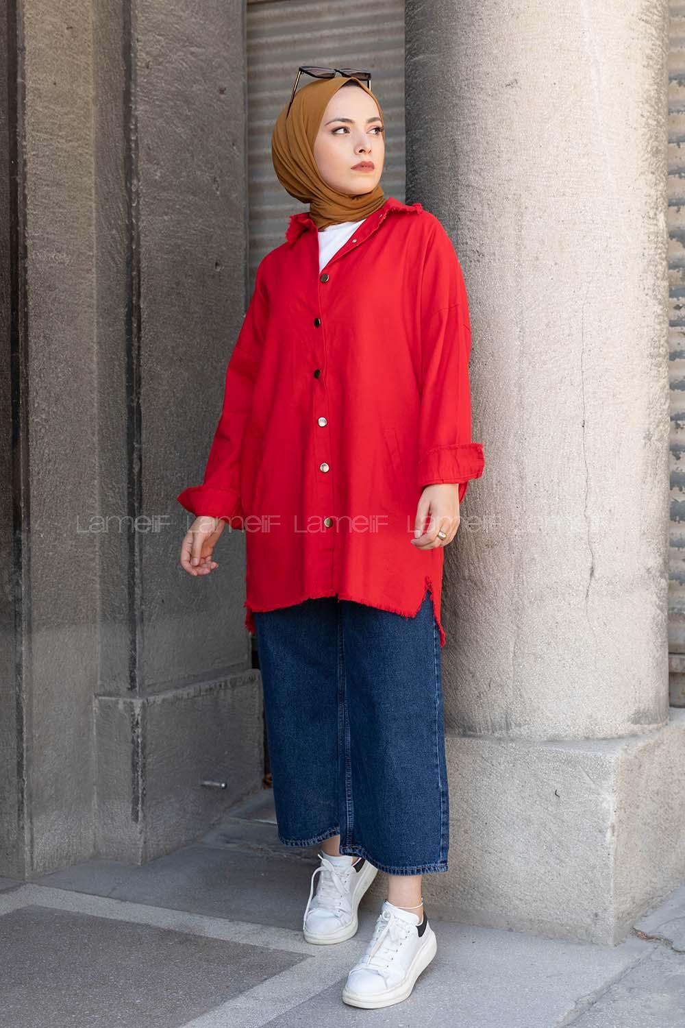 Modalamelif Yaka Yırtıklı Ceket Kırmızı