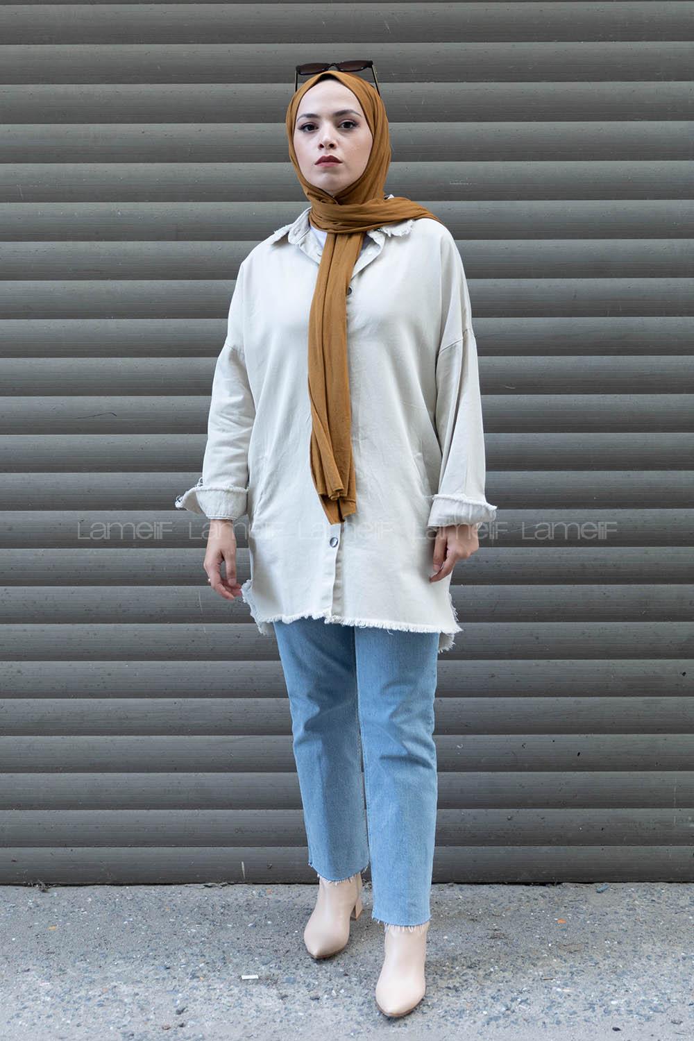 Modalamelif Yaka Yırtıklı Ceket Taş Rengi