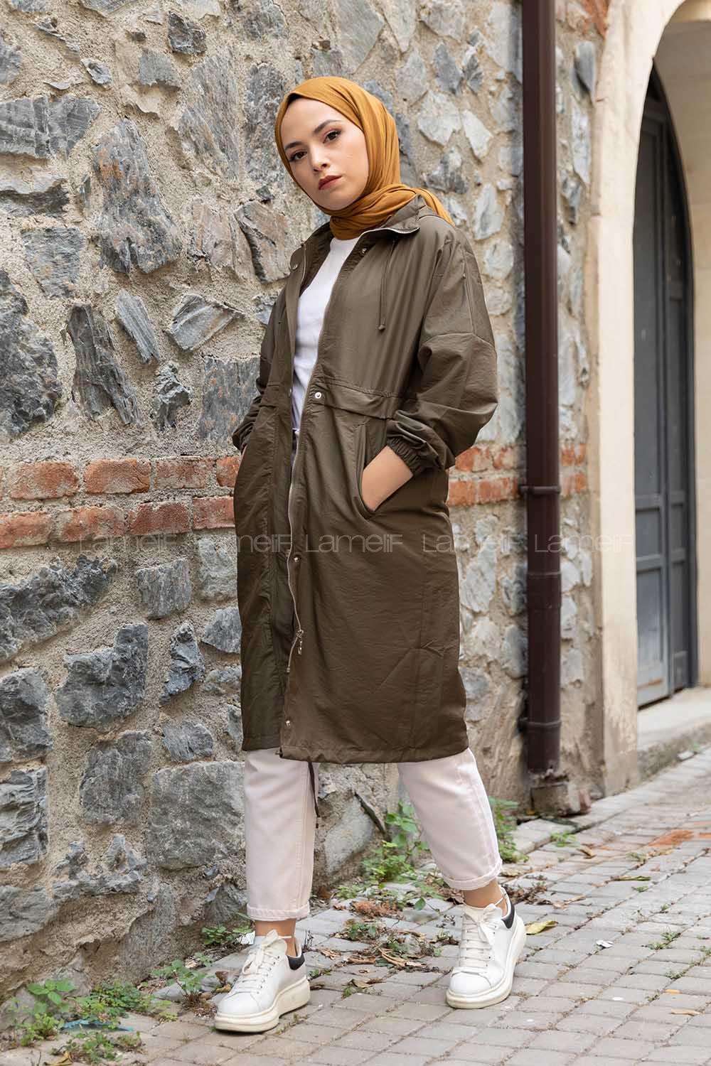 Modalamelif Yarım Balıkçı Yaka Kapşonlu Trenç Haki