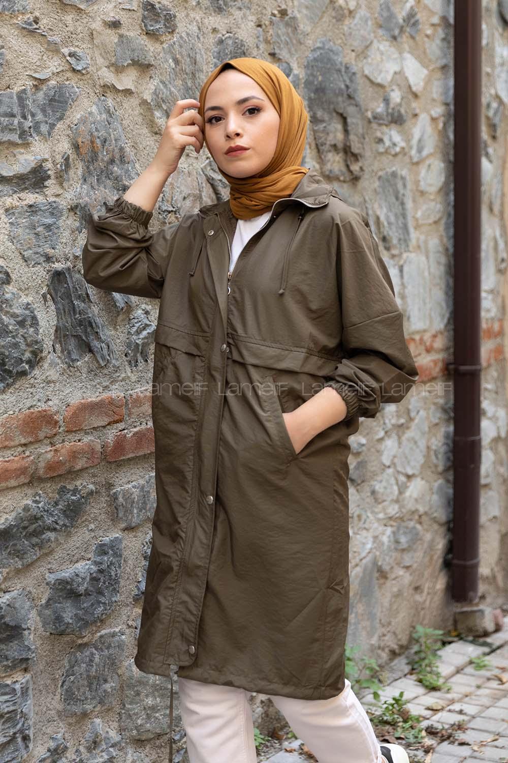 Modalamelif Yarım Balıkçı Yaka Kapşonlu Trenç Haki