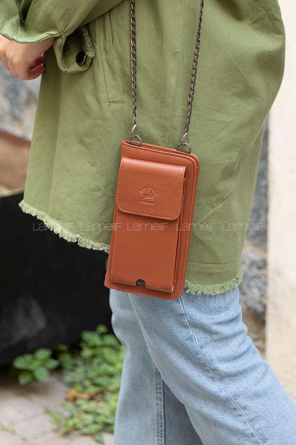 Modalamelif Zincir  Askılı Cüzdan Çanta Taba