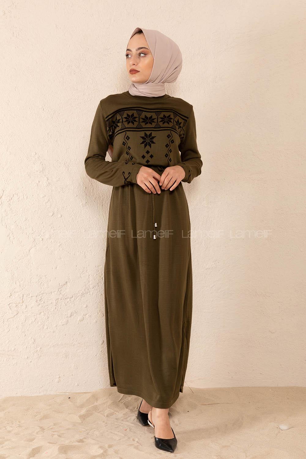 Modalamelif Bel Bağlamalı Kilim Desen Triko Elbise Haki