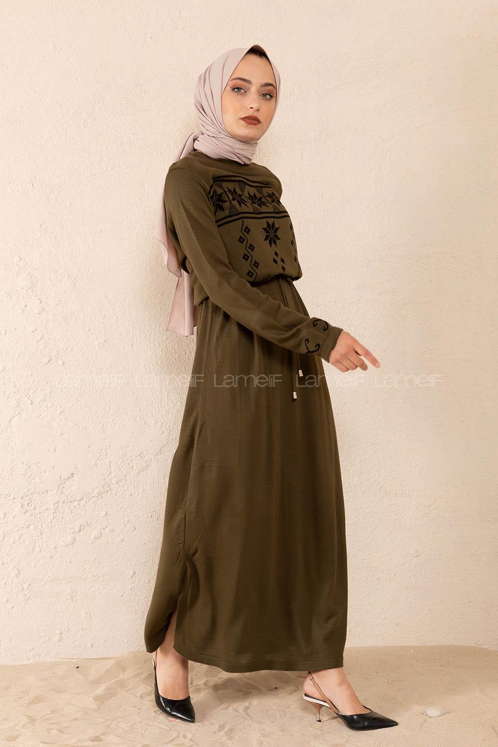 Modalamelif Bel Bağlamalı Kilim Desen Triko Elbise Haki