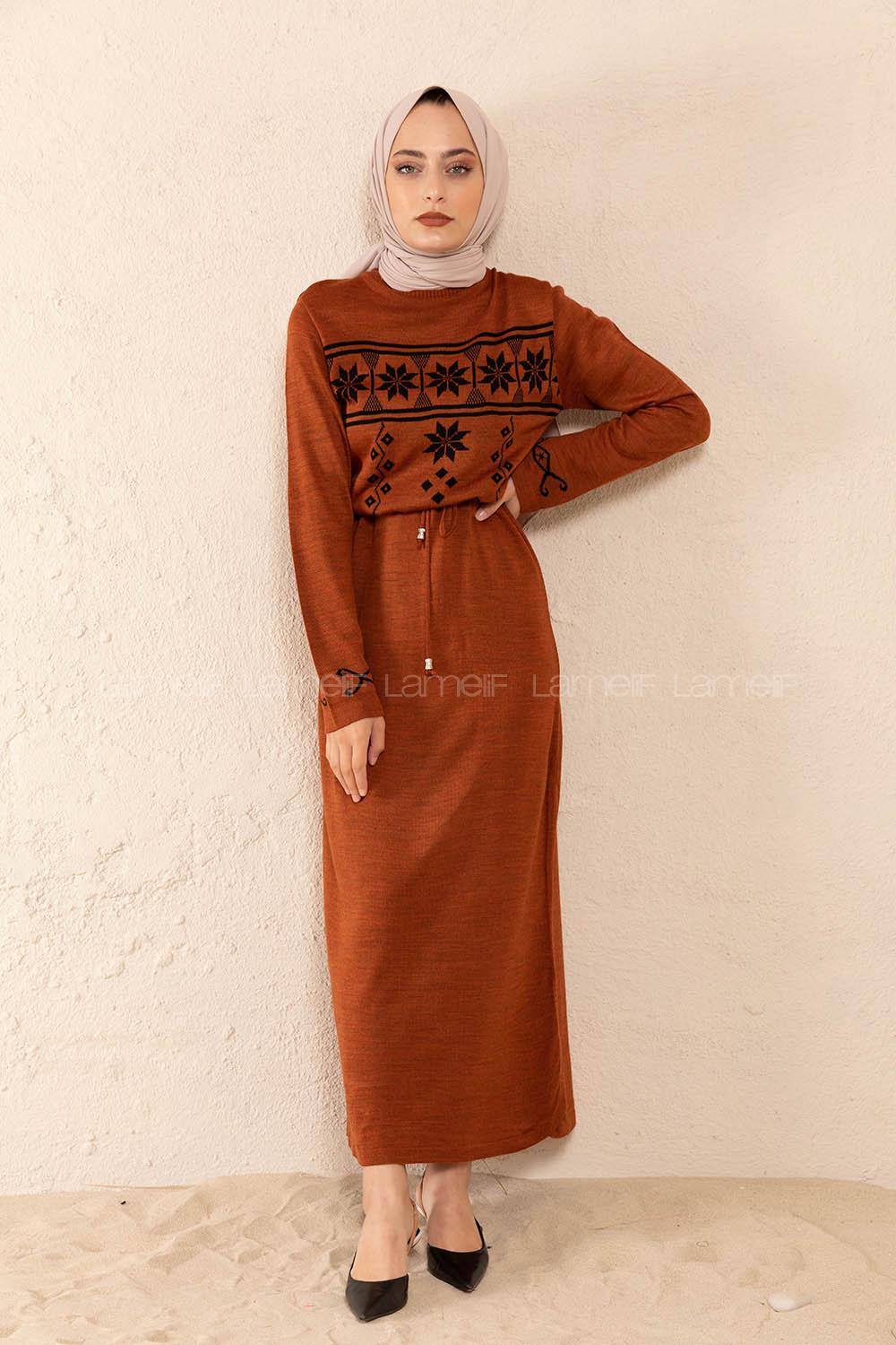 Modalamelif Bel Bağlamalı Kilim Desen Triko Elbise Kiremit