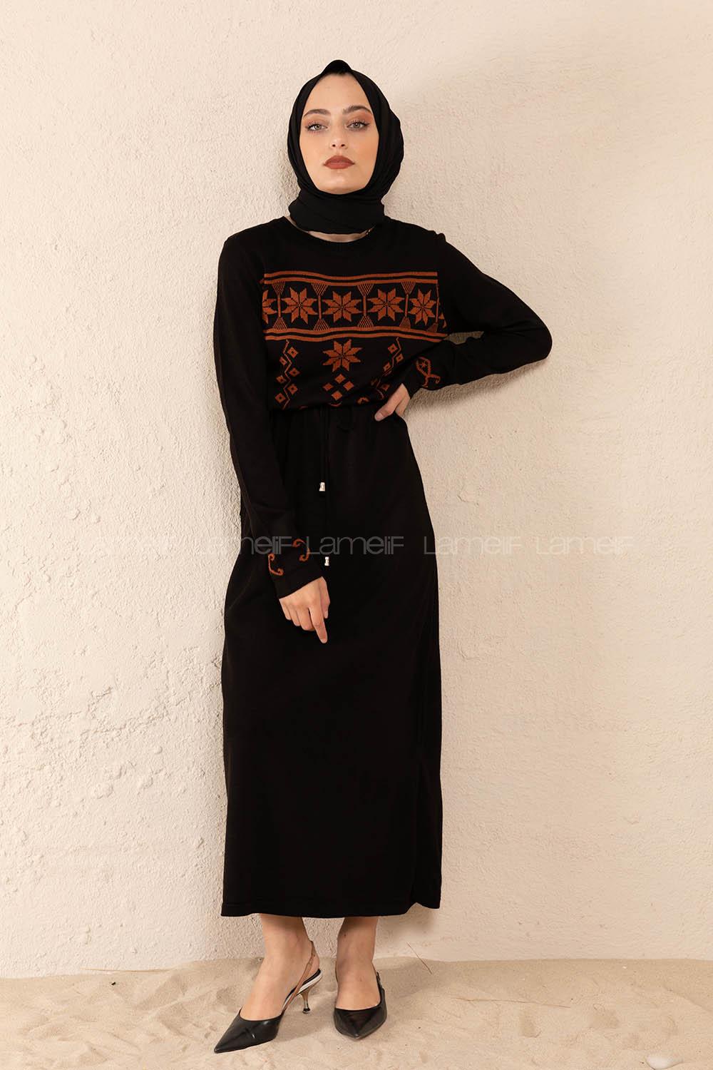 Modalamelif Bel Bağlamalı Kilim Desen Triko Elbise Siyah