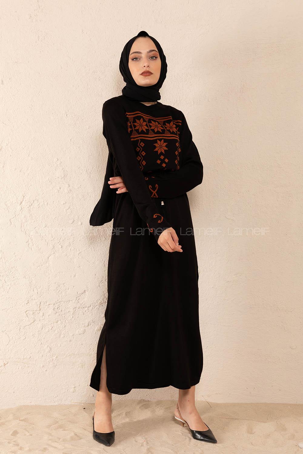 Modalamelif Bel Bağlamalı Kilim Desen Triko Elbise Siyah