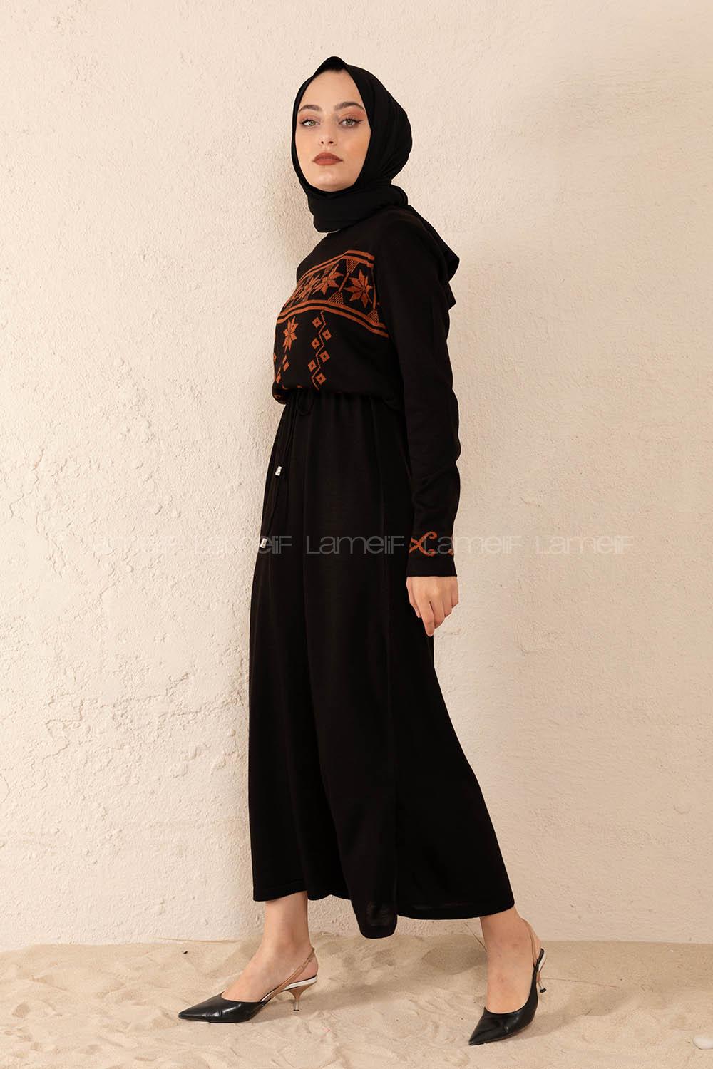 Modalamelif Bel Bağlamalı Kilim Desen Triko Elbise Siyah