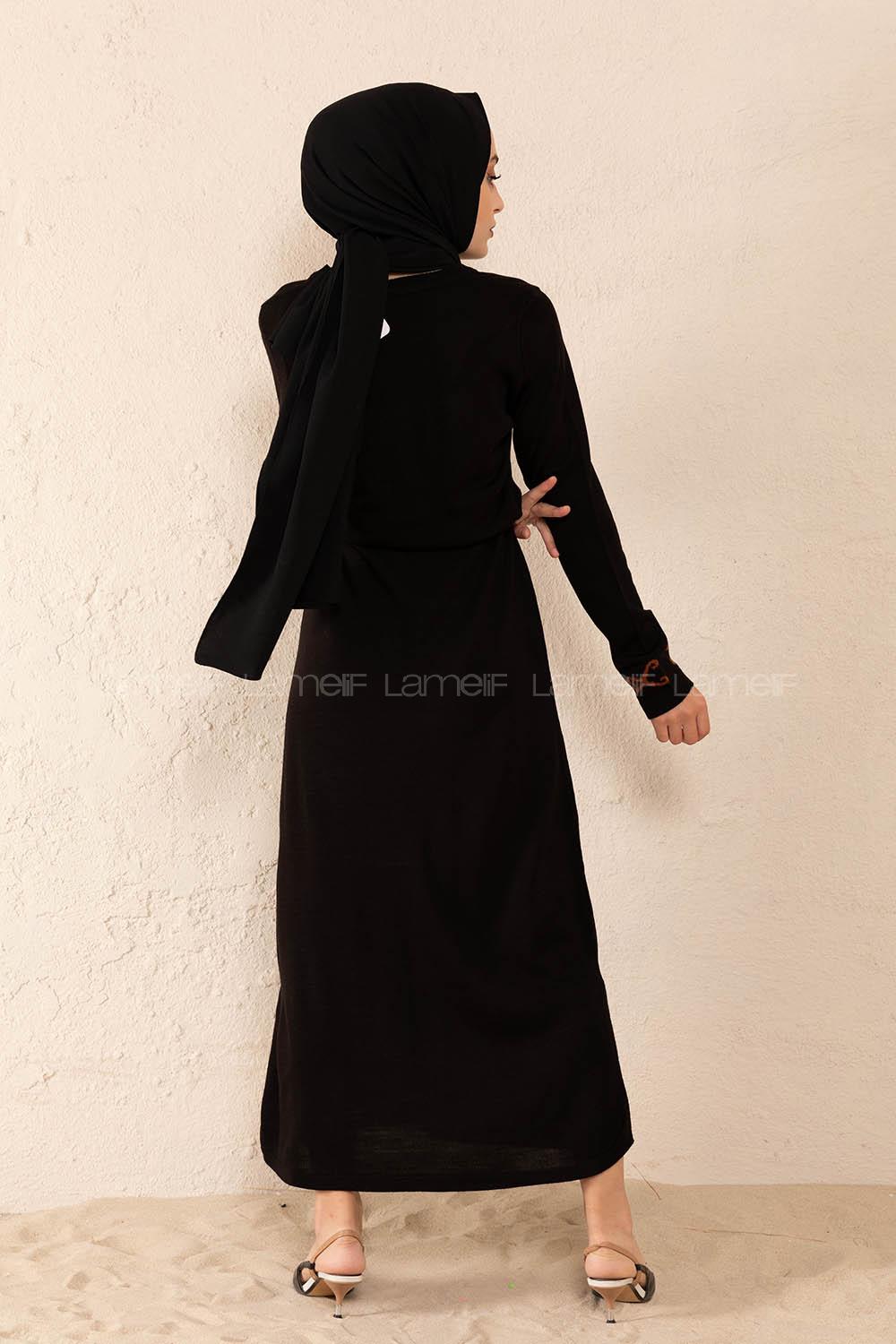 Modalamelif Bel Bağlamalı Kilim Desen Triko Elbise Siyah