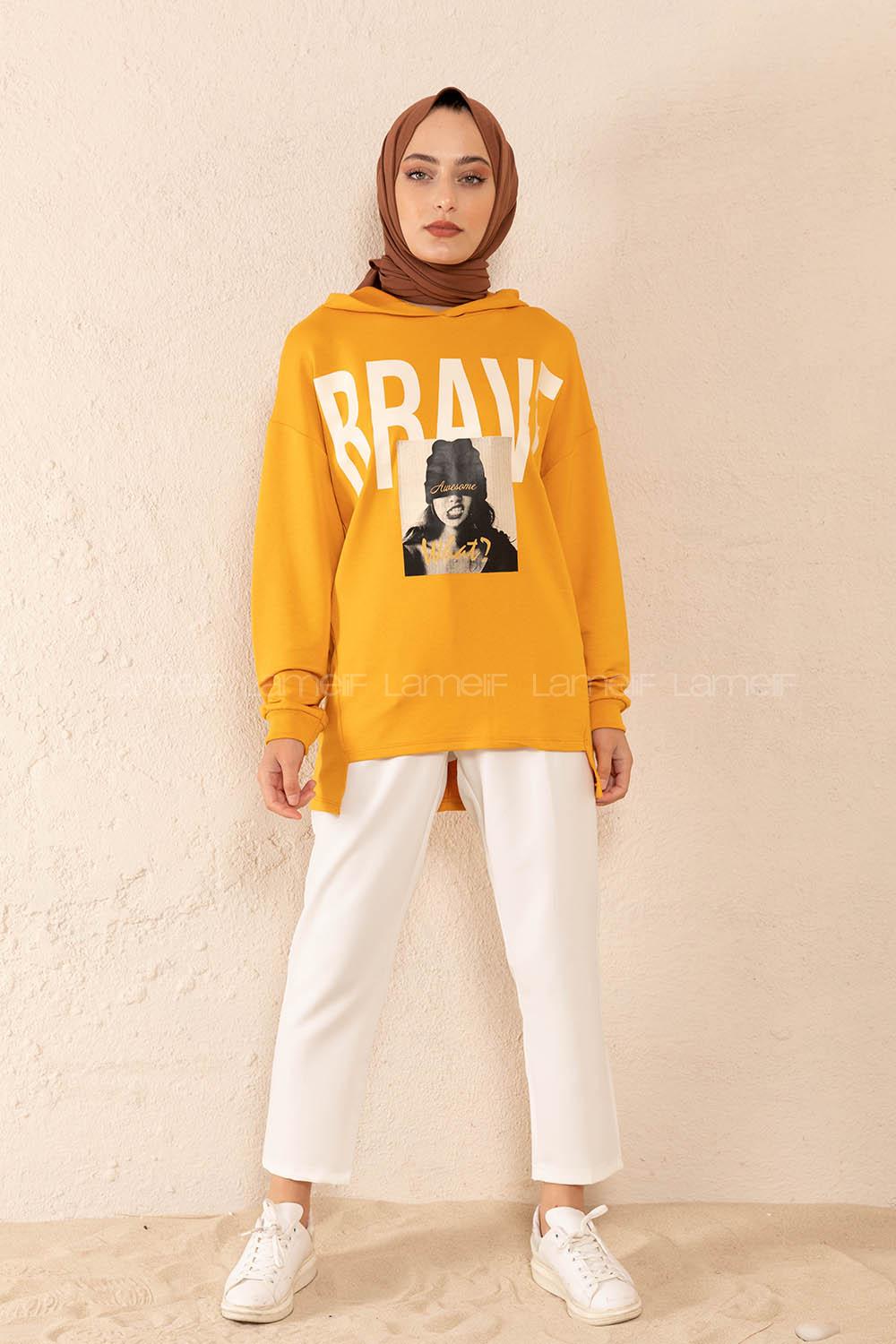 Modalamelif Brave Yazı Baskılı Sweatshirt Hardal Sarısı