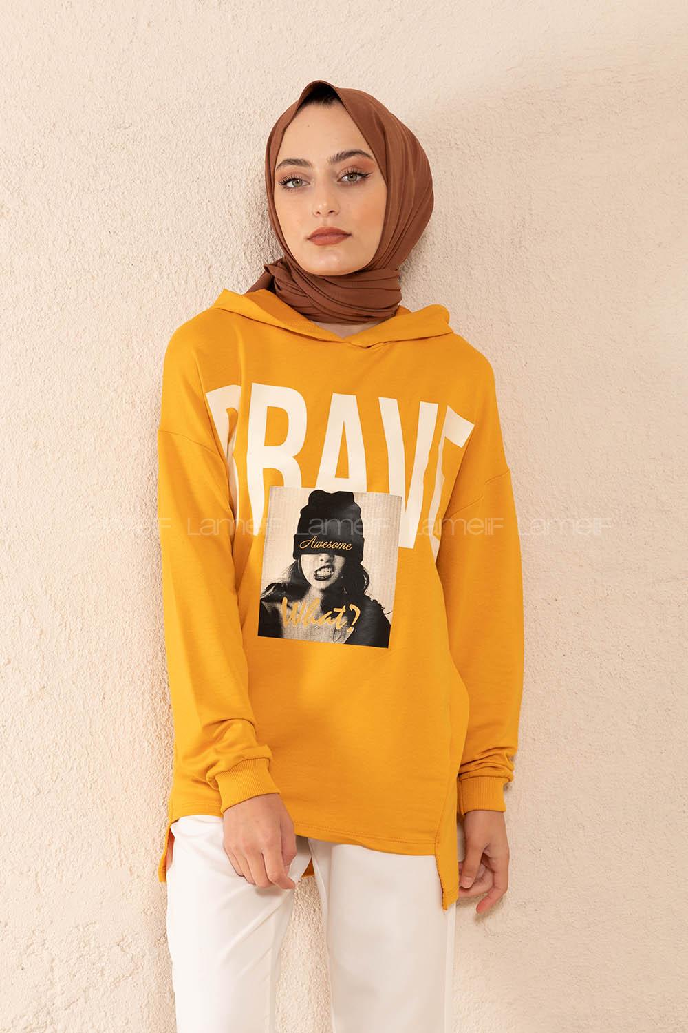 Modalamelif Brave Yazı Baskılı Sweatshirt Hardal Sarısı
