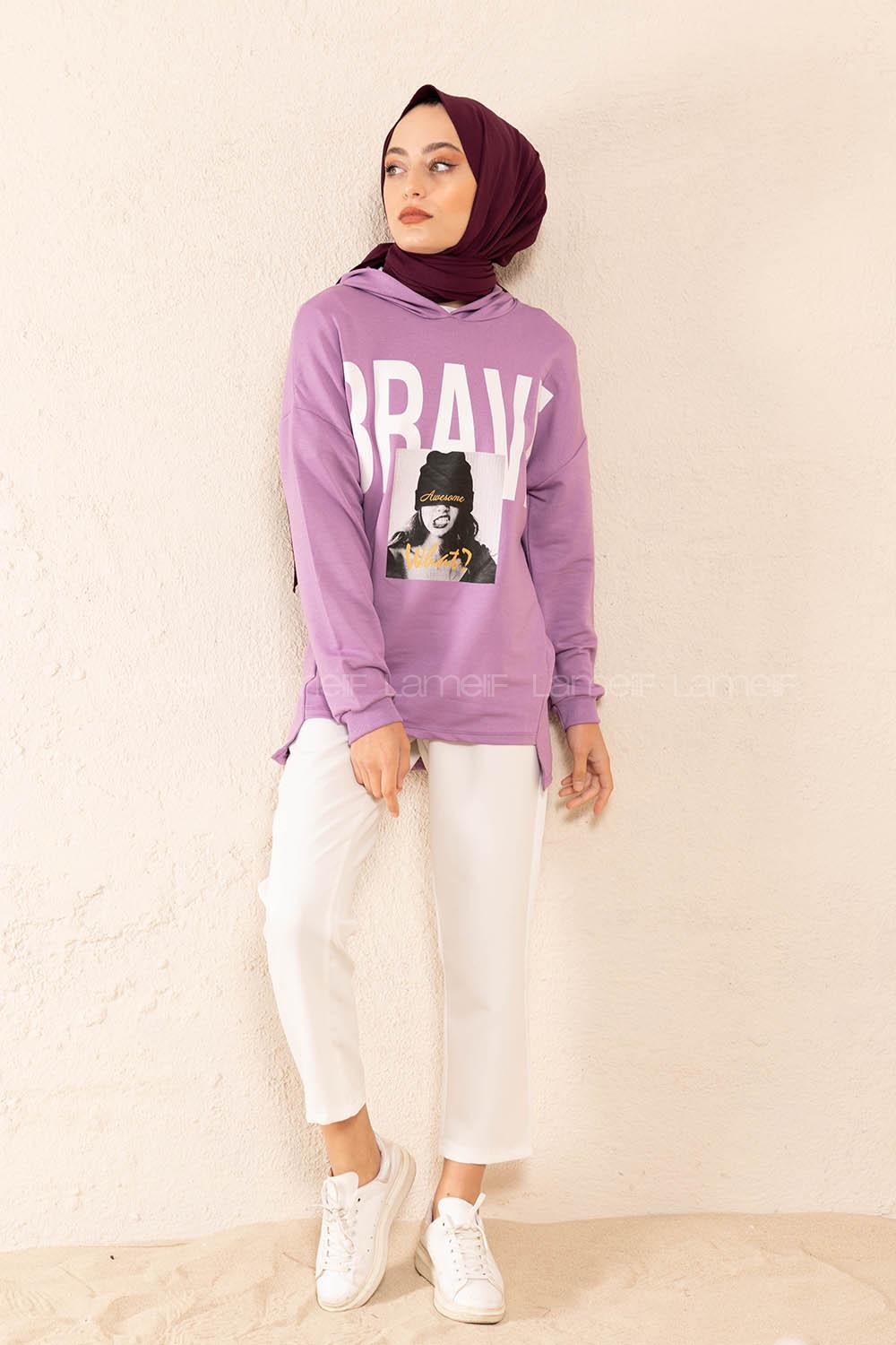 Modalamelif Brave Yazı Baskılı Sweatshirt Lila