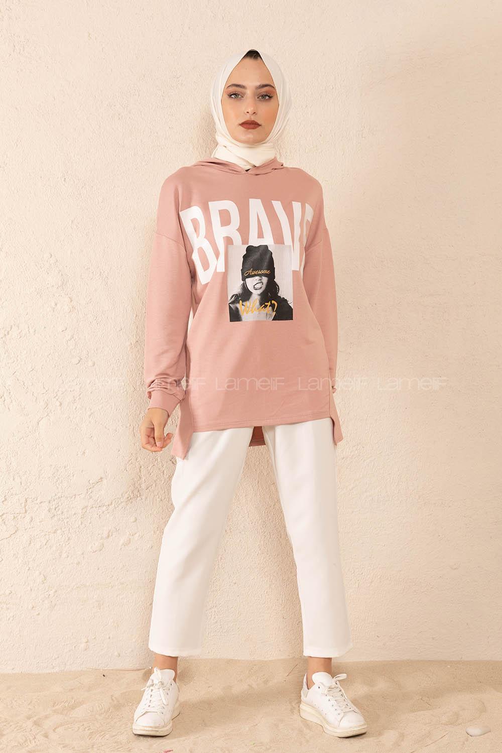 Modalamelif Brave Yazı Baskılı Sweatshirt Pudra