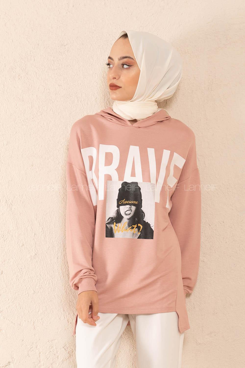 Modalamelif Brave Yazı Baskılı Sweatshirt Pudra