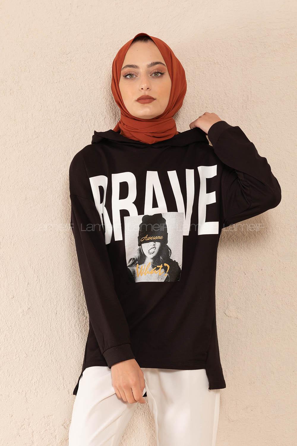 Modalamelif Brave Yazı Baskılı Sweatshirt Siyah